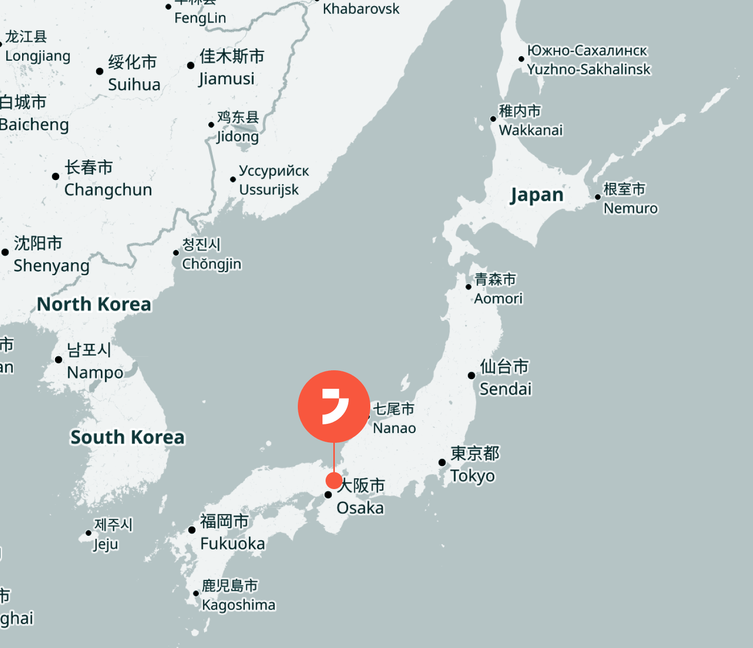 Landkarte von Japan mit hervorgehobener Region um Osaka und Kyoto, eingebettet zwischen Korea und dem asiatischen Festland, mit markierten Städten und Grenzen.